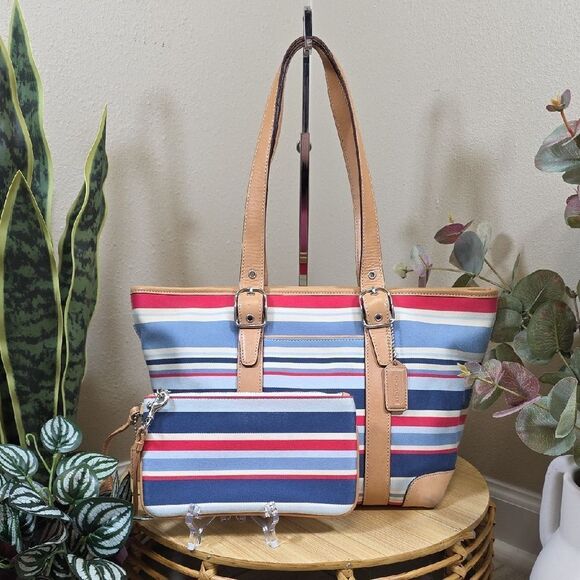 Coach Handbags - Coach RARE Vintage Striped Canvas Tote and Wristlet Set